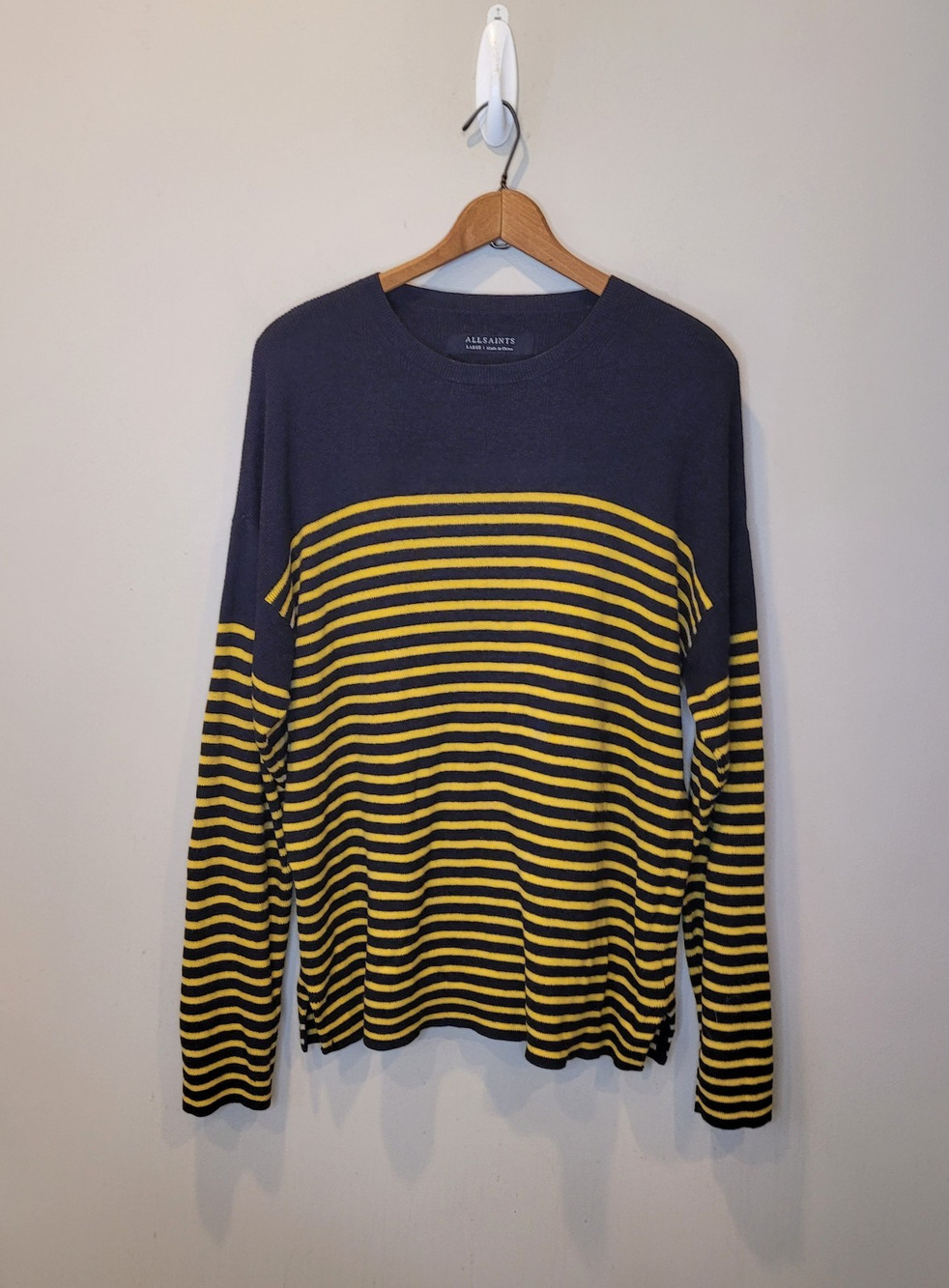 Allsaints Men Wool Blend Black Yellow Stripes Gallo Crew Long Sleeve Sweater L